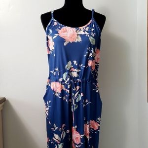 Blue & pink floral drawstring waist jumpsuit w/ pockets size XL spring romantic